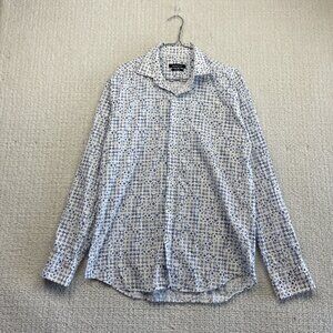 Bugatchi Button Up Shirt M Portuguese Azulejo Tile AOP Long Sleeve White / Blue